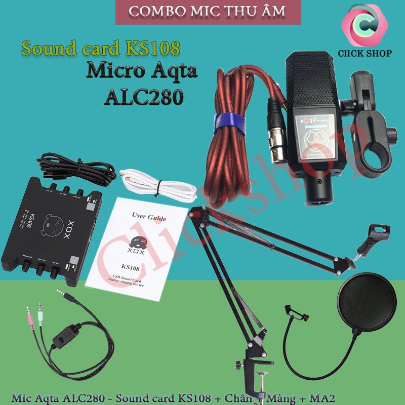 Bộ mic thu âm Aqta ALC280 sound card ks108 bản tiếng anh dây livestream MA2 chân màng lọc