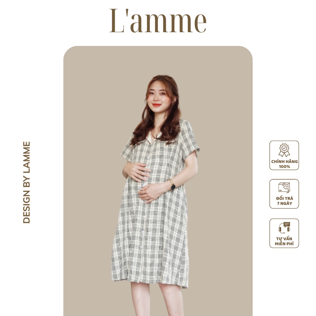 Đầm bầu công sở Iris Dress họa tiết kẻ caro dáng chứ A có cúc tiện lợi cho bé tuti thiết kế bởi LAMME