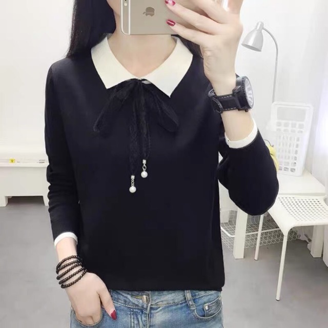 Áo len nữ dài tay cổ đức nơ ren đính ngọc, áo len đẹp  sẵn hàng tại shop