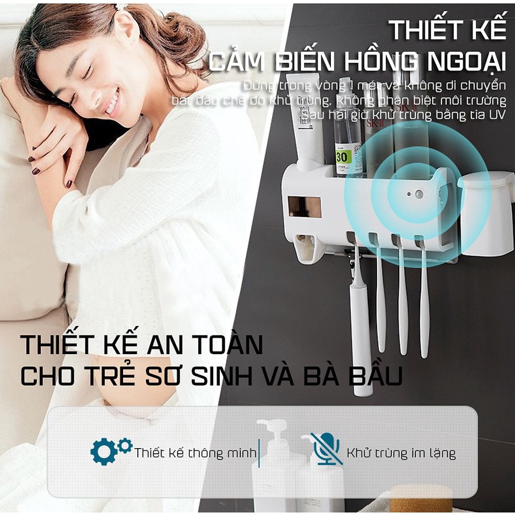 Kệ Đựng Bàn Chải Thông Minh  - Hộp đựng bàn chải đánh răng diệt khuẩn bằng tia cực tím UV  Kèm 2 Cốc Nam Châm Cao Cấp