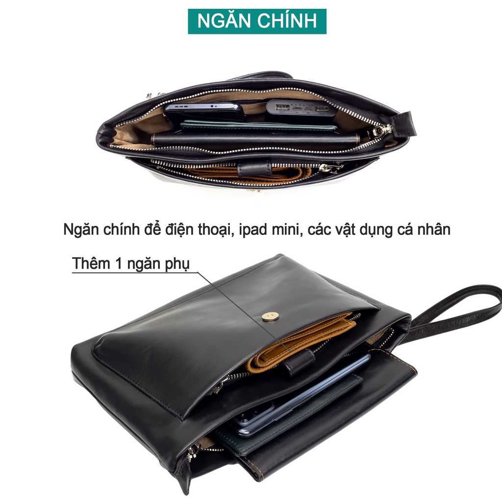 Ví cầm tay nam da bò Bụi Leather M101- Da thật, màu đen, bảo hành 24 tháng