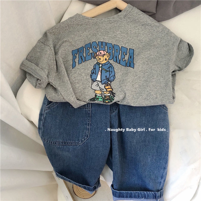 MNGRL Áo Thun Tay Ngắn Cotton In Thoải Mái Mềm Mát Hàn Quốc Mùa Hè Cho Bé Trai