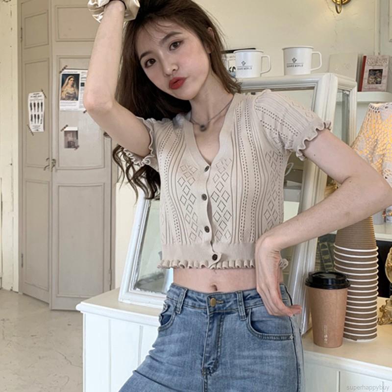 Áo Croptop Dệt Kim Tay Ngắn Thiết Kế Trễ Vai Nữ Tính