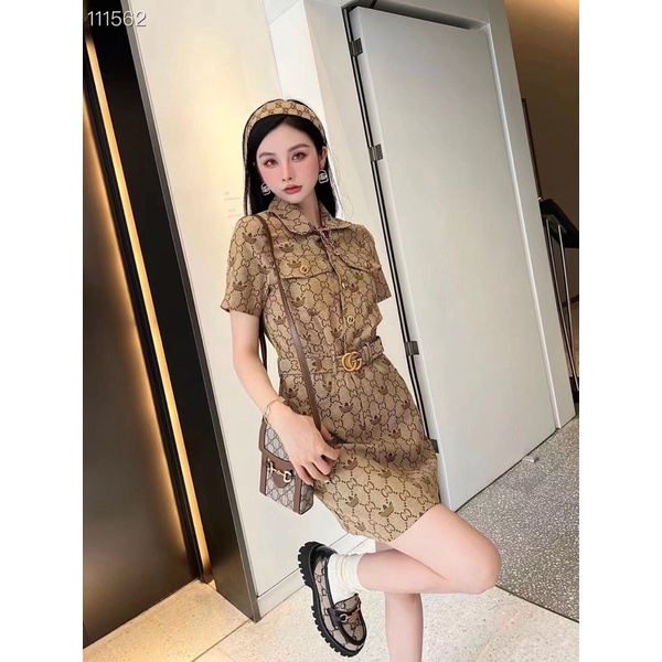Đầm suông ngắn tay vải jacquard phối đai thắt eo phong cách retro Adidas x Gucci GC cao cấp
