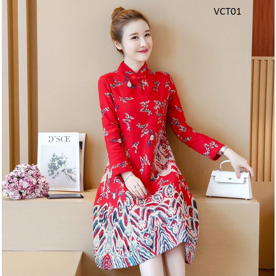 Váy Cách Tân mặc bầu, váy bầu trẻ trung hàng Quảng Châu loại đẹp  VCT01