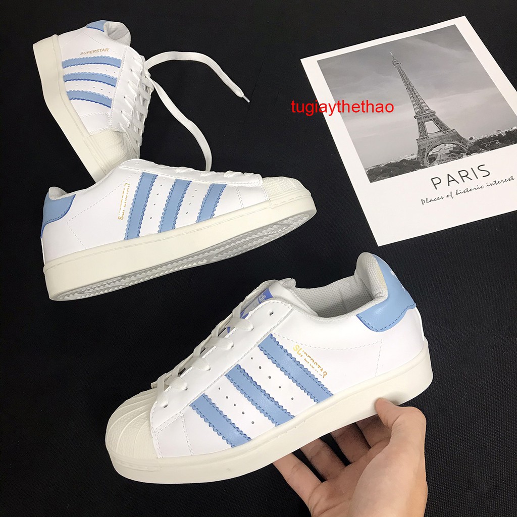 (xả kho 3 ngày) GIÀY Nữ Superstar TRẮNG KẺ XANH mũi Sò Thể Thao.