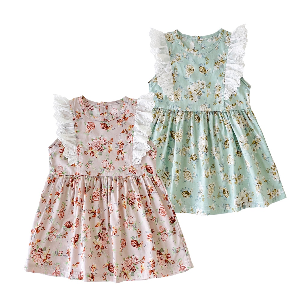 Đầm công chúa Sanlutoz không tay vải cotton phối ren hoa thời trang hè dễ thương cho bé gái sơ sinh