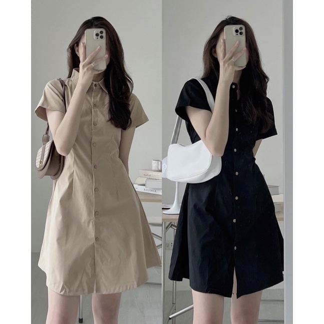 Váy sơ mi nữ thô mềm dáng xoè dài lưng bo chun sau - hàng có sẵn