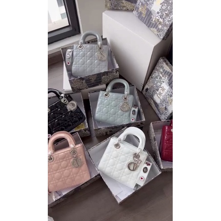 Túi DIOR LADY Sz 20cm Da bóng Tag Bạc Fullbox hộp hổ + sổ thẻ dior