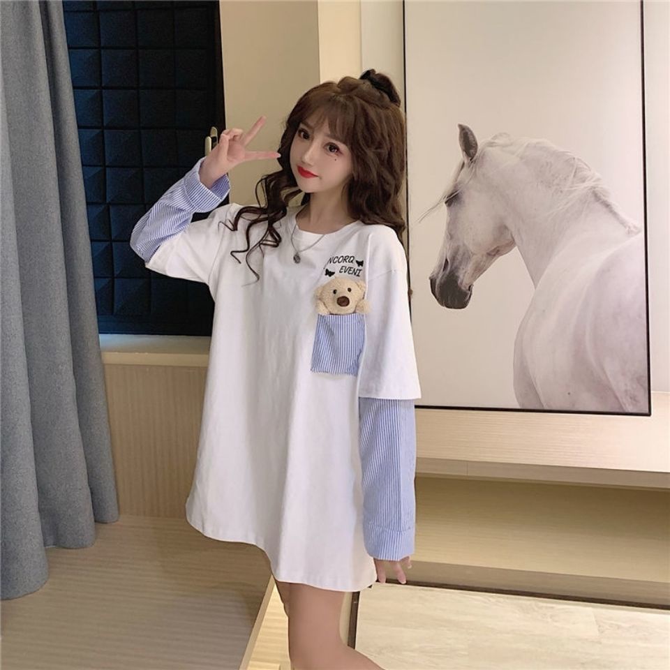 Áo Thun Tay Dài Giả Hai Lớp In Hình Gấu Thời Trang Mùa Xuân 2022 Plus Size Cho Nữ