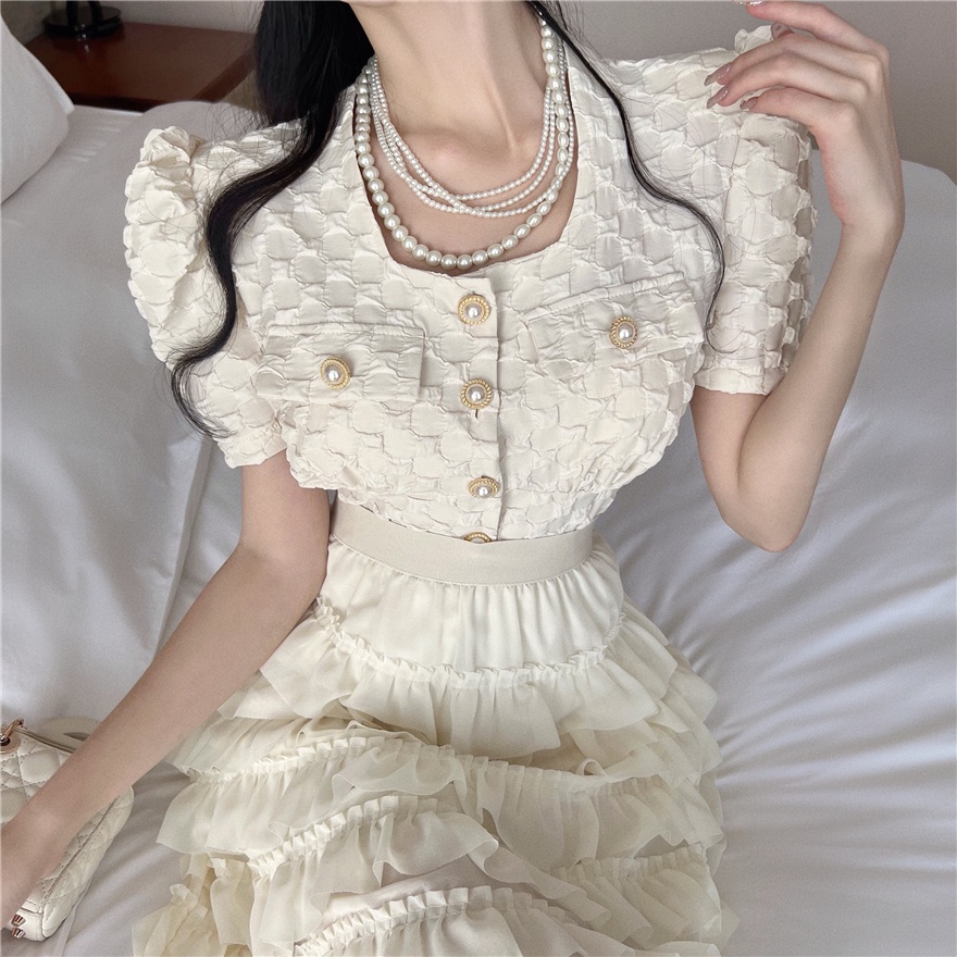 Áo Sơ Mi Ngắn Tay Cổ Vuông Một Hàng Nút Lưng Cao Phong Cách Hàn Quốc Thời Trang Mùa Hè Mới