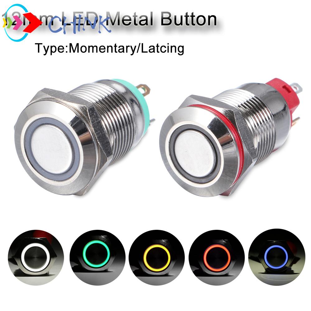 Nút kim loại chuyển đổi tạm thời/ chốt chống thấm nước 12mm đèn LED xe hơi 3V 5V 9V 12V 24V 110V 220V