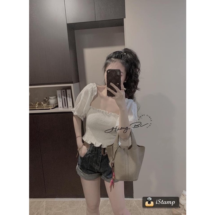 Áo trễ vai kiểu A.313, Áo kiểu ống chun ngực croptop tay bồng họa tiết mặc được 2 kiểu ngọt ngào - Thời trang nữ Chấm Bi
