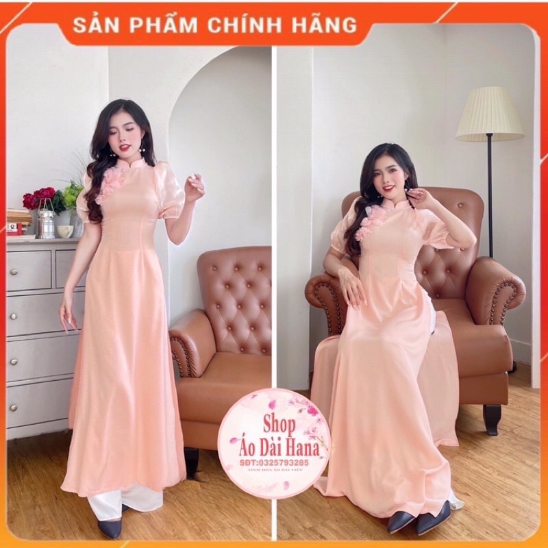Áo dài cách tân nữ truyền thống Hana may sẵn phối tay tơ thun bồng đính hoa, áo dài màu hồng tay vai bồng ngắn.