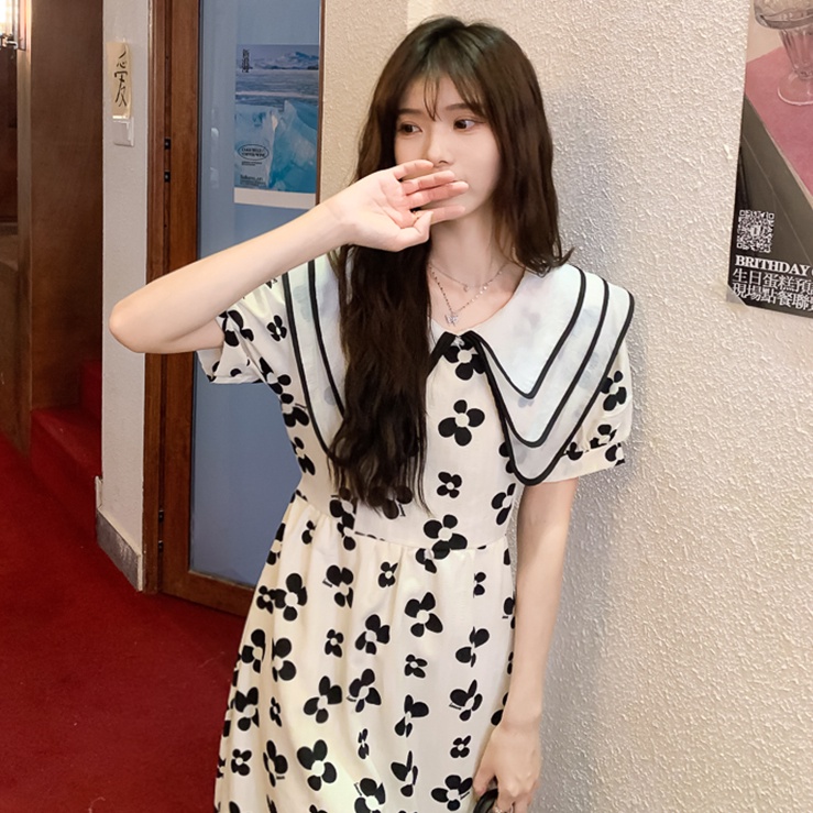 Đầm Perty cổ búp bê họa tiết hoa thời trang mùa hè Hàn Quốc cho nữ