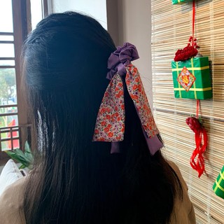Dây cột tóc pelta scrunchies nơ dài tím mộng mơ