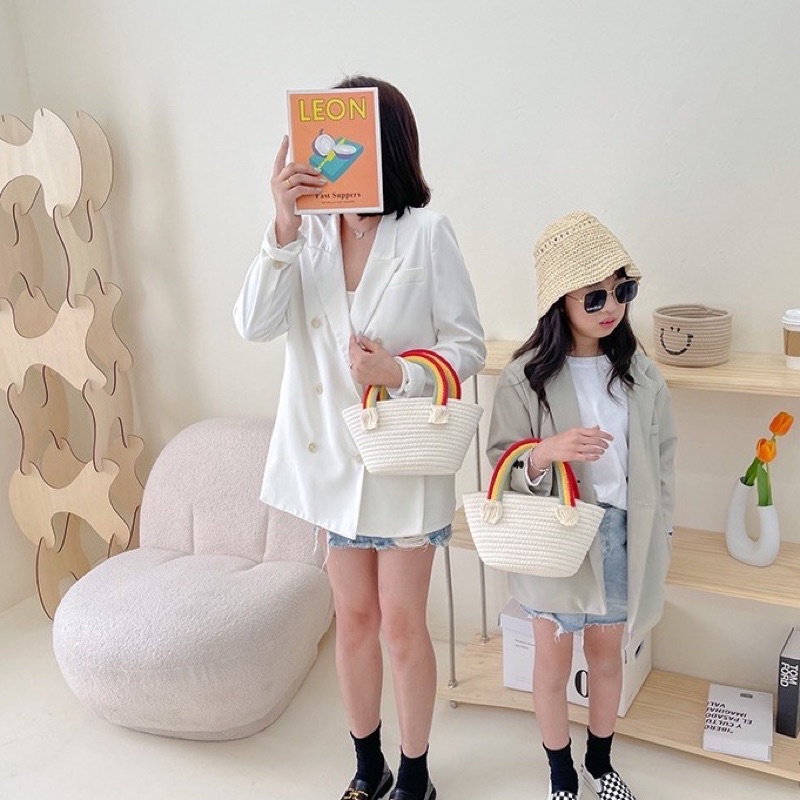 Túi clutch Thời Trang Đan Sợi Thủ Công Bằng Tay của Hàn Quốc Hình Đám Mây Cầu Vồng Dễ Thương Đi Biển Cho Mẹ và Bé