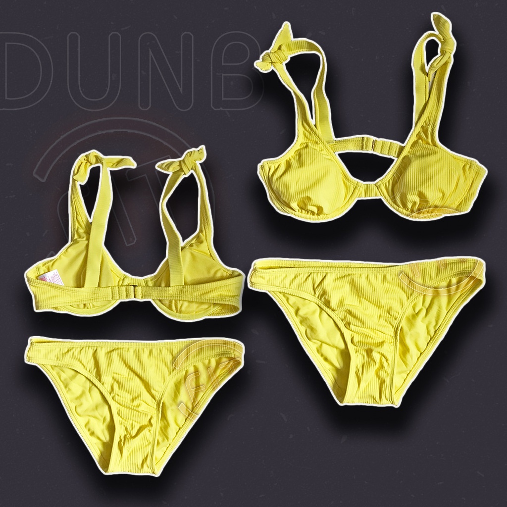 Bikini Đồ Bơi Đi Biển 2 Mảnh vàng thun gân hở lưng cài khoá 2 dây bản to cổ tim có gọng