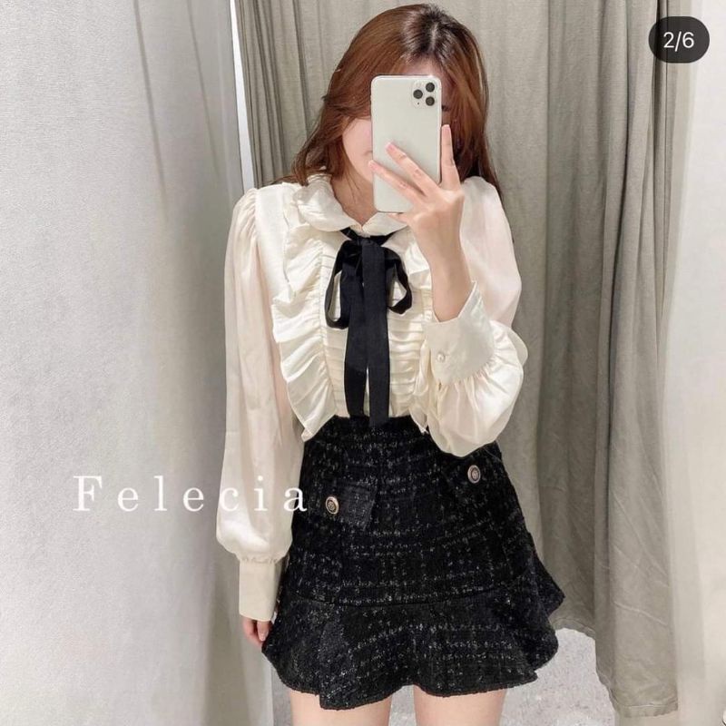 Set áo voan cổ sen nơ cổ mix chân váy bố | BigBuy360 - bigbuy360.vn