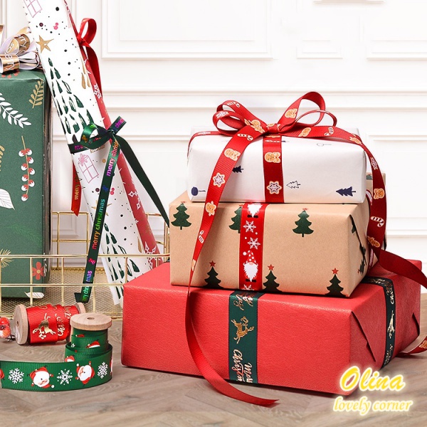 Cuộn dây ruy băng họa tiết Giáng Sinh chiều dài 9m dành cho trang trí