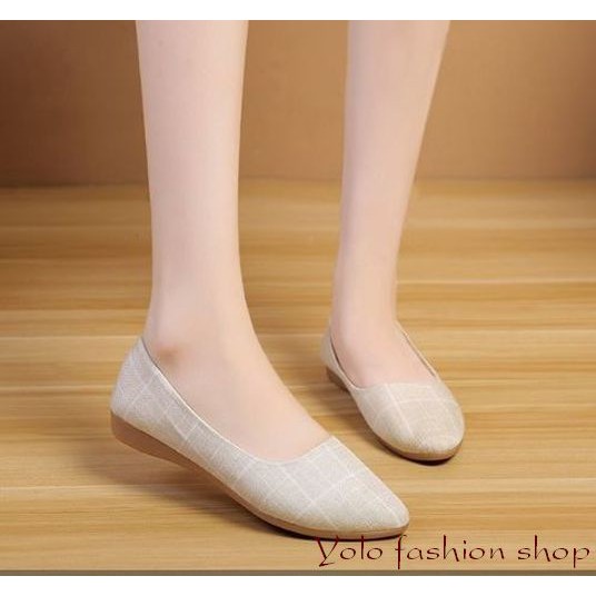 Giày búp bê nữ mũi nhọn da mềm kẻ caro đế 2cm cực êm chân -Kèm hình thật