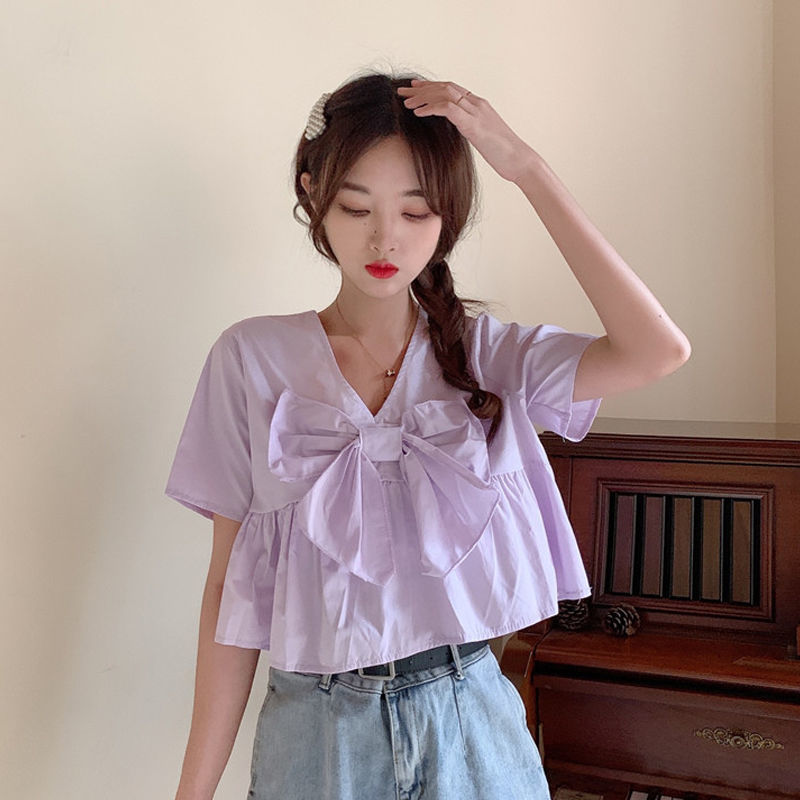 Áo Croptop Phối Nơ Xinh Xắn Theo Phong Cách Mùa Hè Dành Cho Nữ