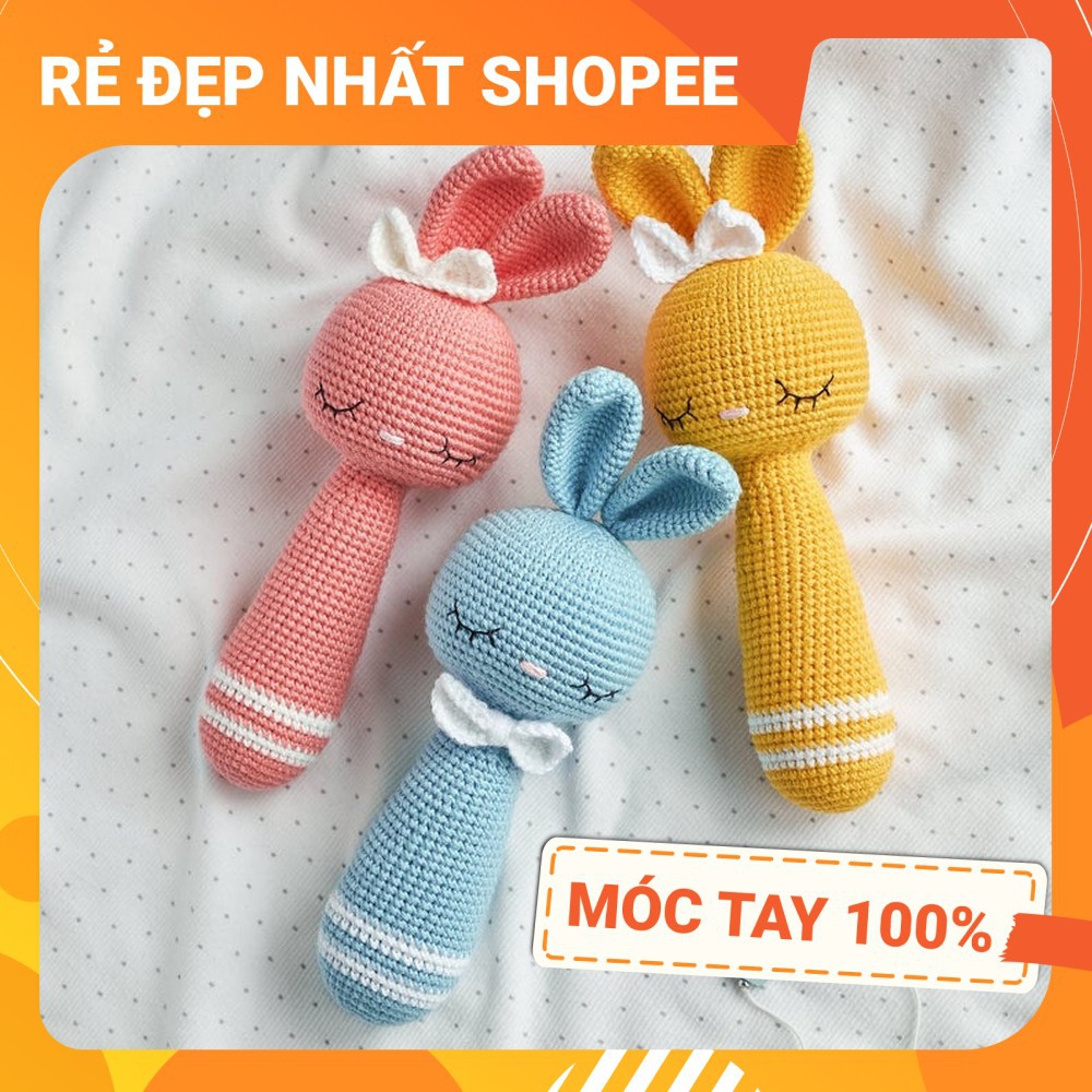 Lục lạc cầm tay THỎ XINH, móc tay 100% từ len chất lượng cao, an toàn tuyệt đối cho bé tập cầm nắm