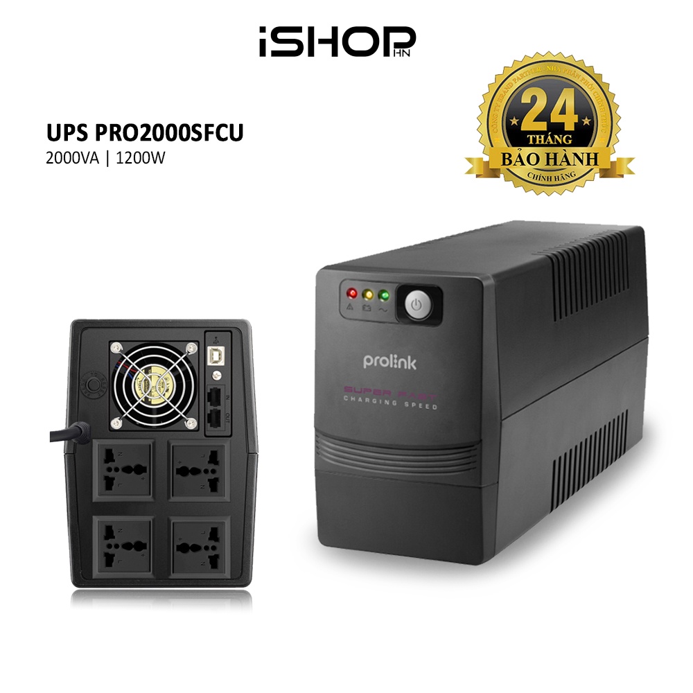 Bộ lưu điện UPS Prolink PRO2000SFCU, 2000VA, 1200W, sạc siêu nhanh, ổn định dòng điện, dùng cho PC, Wifi, Camera,...