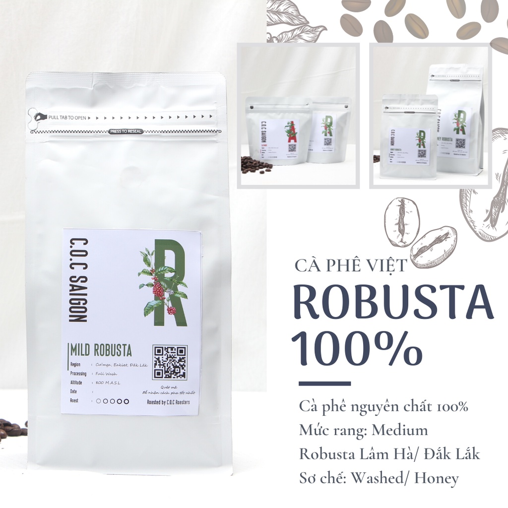 Cà phê Robusta Việt Nam 100% nguyên chất 4 hương vị lựa chọn, gói dùng thử 100gr