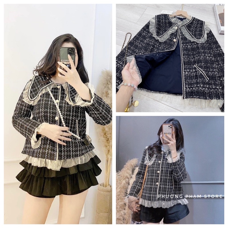 [ 𝐅𝐑𝐄𝐄 𝐒𝐇𝐈𝐏 ]  ÁO DẠ CARO VIỀN BÈO CÚC NGỌC CỔ PITER