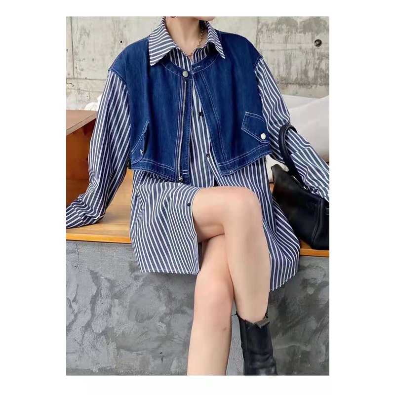 IELGY Áo sơ mi tay dài họa tiết kẻ sọc phong cách retro hong kong cho nữ