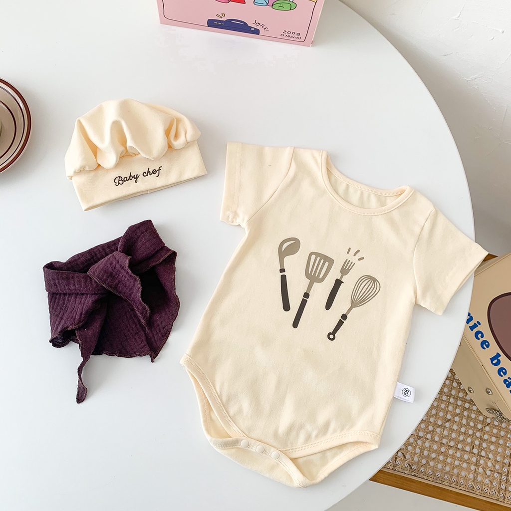 Bộ Áo Liền Quần Tay Ngắn + Khăn Choàng + Nón Vải Cotton Tay Ngắn Màu Nâu Dành Cho Trẻ Em Sơ Sinh