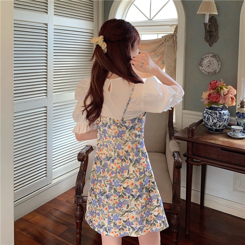 Xiaozhainv Áo tay phồng / Đầm Hoa Phong Cách Hàn Quốc Xinh Xắn Cho Nữ
