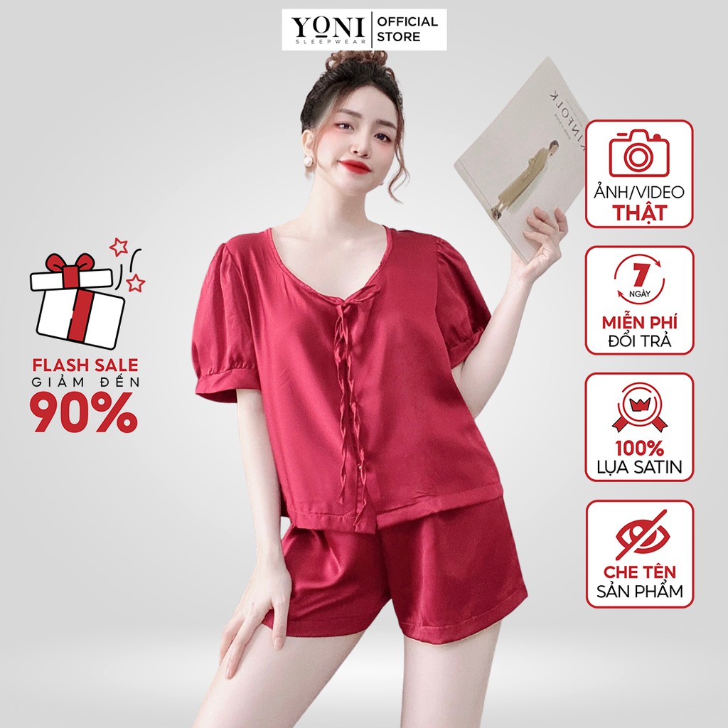 Đồ ngủ tiểu thư tay ngắn đính nút ngọc, lụa satin cao cấp mềm mại, freesize 40-60kg tùy chiều cao YONI 037 | BigBuy360 - bigbuy360.vn
