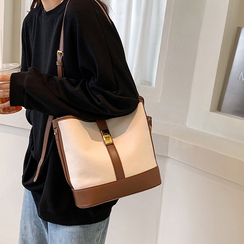 IELGY Women's Casual Colorblock Canvas Messenger Bucket Bag