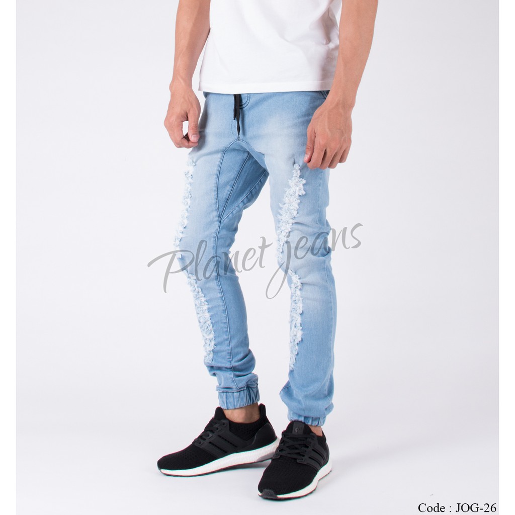 Quần Jogger Vải Jean Rách Màu Xanh Dương 26