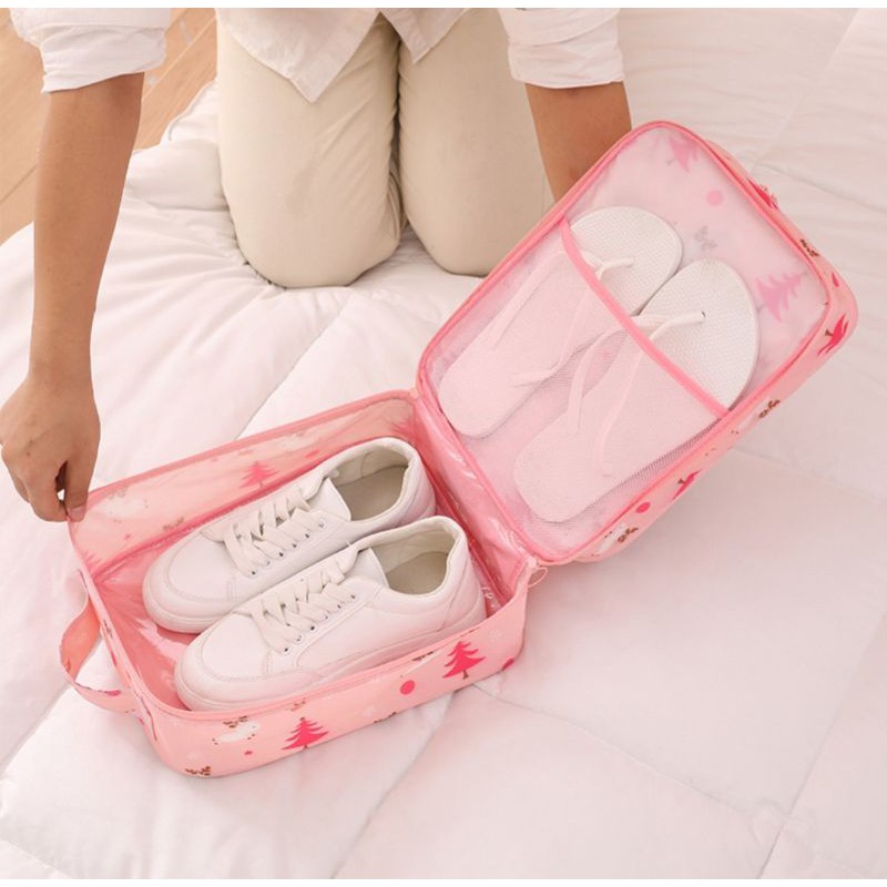 (Hình Thật) Túi đựng giày dép ba ngăn có đai cài tay kéo vali, Túi đựng giày dép đi du lịch
