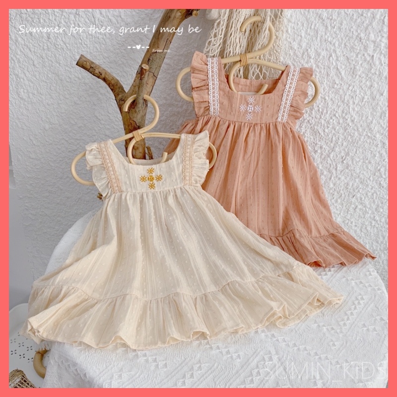 Váy cho bé gái - Thời trang trẻ em Sumin Kids - Chất đũi mát mềm ren tay cánh tiên màu Be và Cam