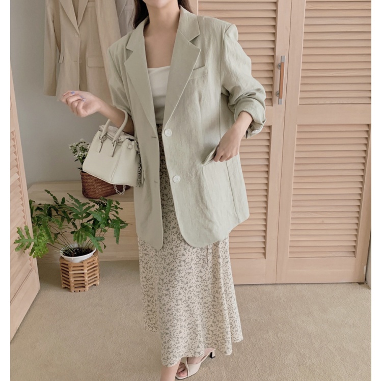 Bộ Áo Sơ Mi Cổ Chữ U + Chân Váy Midi Lưng Cao Dáng Ôm In Hoa Kiểu Vintage Hàn Quốc Đơn