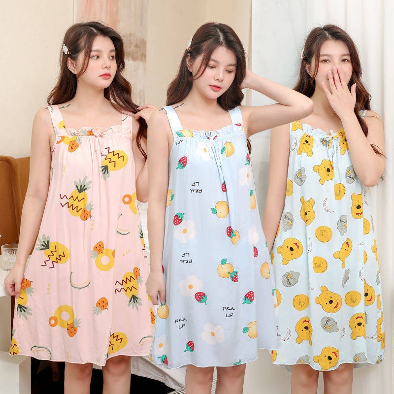 quyến rũ&kích thích& ☛Phiên bản Hàn Quốc của phụ nữ mùa hè của áo lụa cotton rộng rãi ngủ rộng băng thông rộng công chúa