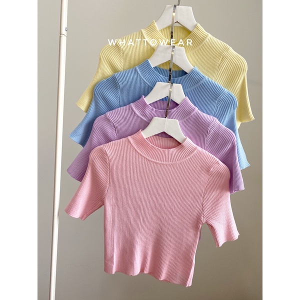 SALE Áo knit tay ngắn cổ kín 4 màu pastel