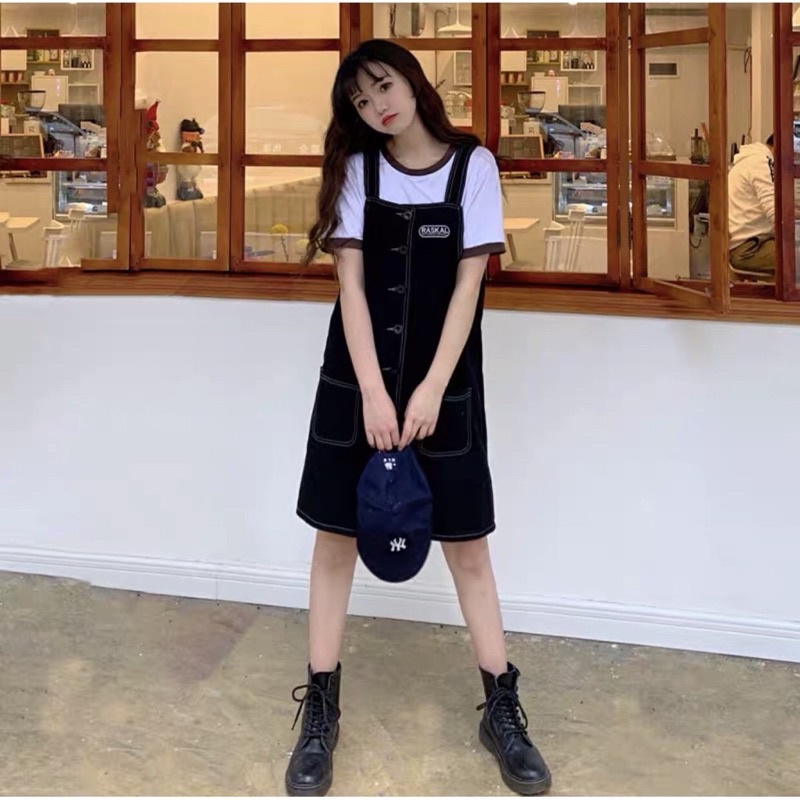 (Ảnh thật)Set Yếm Thêu Logo Yếm Ngăn Dài Chất Kaki Ao Trong Kẻ Thô Áo Trắng Cotton Hot Trend GU Store
