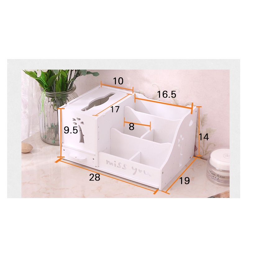 Kệ mỹ phẩm gỗ để bàn in chữ miss you kèm hộp đựng khăn giấy kích thước 28x19x14cm