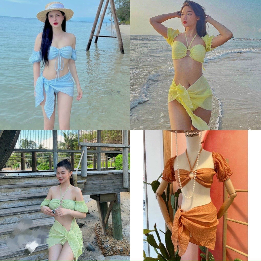 Đồ bơi nữ, Bikini Set 3 món tay bồng trễ vai phối khoen áo cực xinh,chất vải xốp Bin Sports BHV159