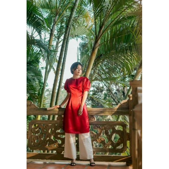 SET ÁO DÀI ĐỎ TAY BỒNG + QUẦN TRẮNG ỐNG RỘNG