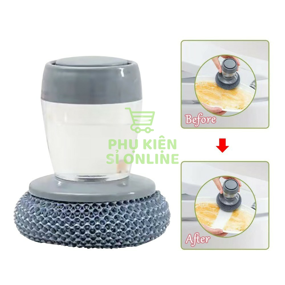 Cọ chà rửa xoong nồi/ chén bát/các vật dụng có cán tay cầm  NGẮN và bình chứa xà phòng tiện dụng