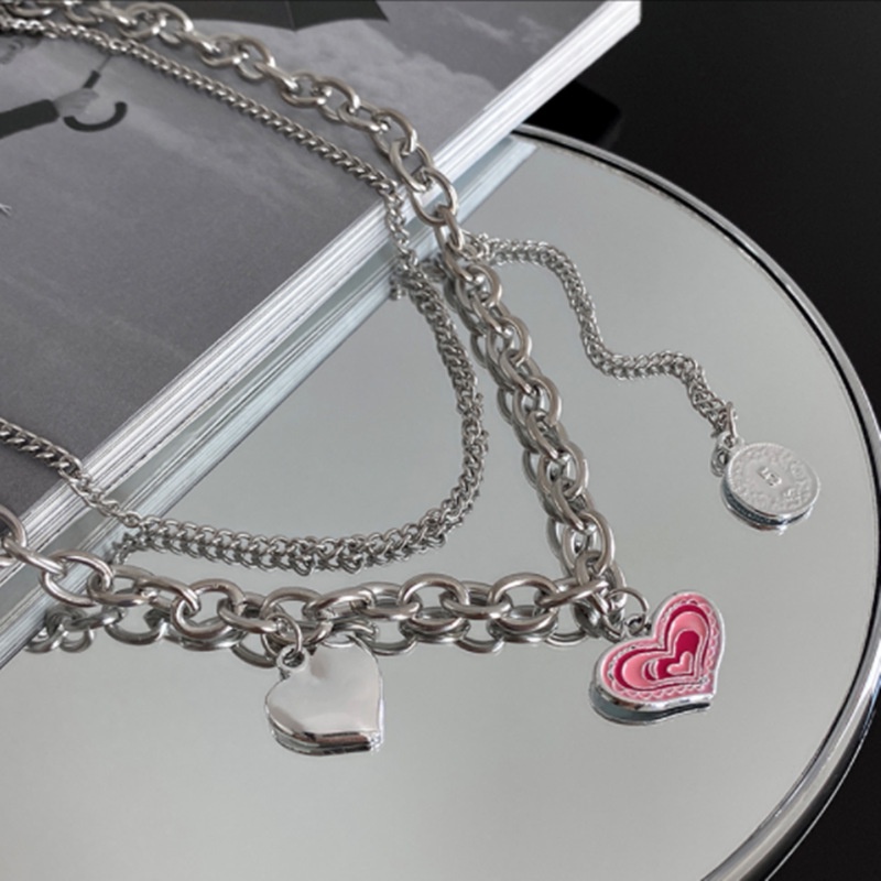 Vòng cổ Thép Titan Mặt Trái Tim Màu Hồng Phong Cách Hàn Quốc