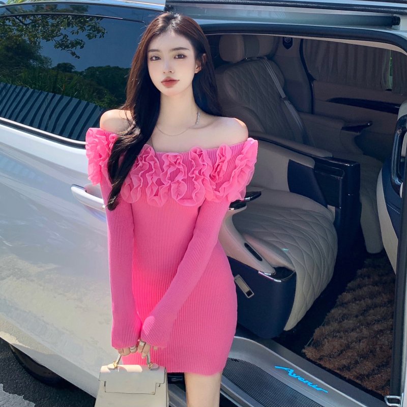 Đầm nữ dệt kim trễ vai tay dài dáng ôm thời trang phong cách Trung Hoa
