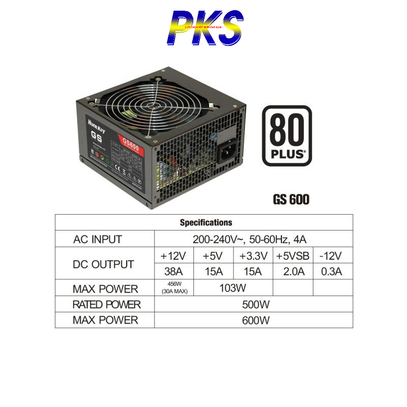 Nguồn máy tính Huntkey GS600 600W – 80 Plus chính hãng cao cấp - có nguồn phụ 6 PIN