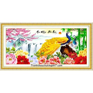 Tranh thêu chữ thập chim công mẫu đơn Hoa khai phú quý LV3054 - size: 100*51cm (tự thêu)
